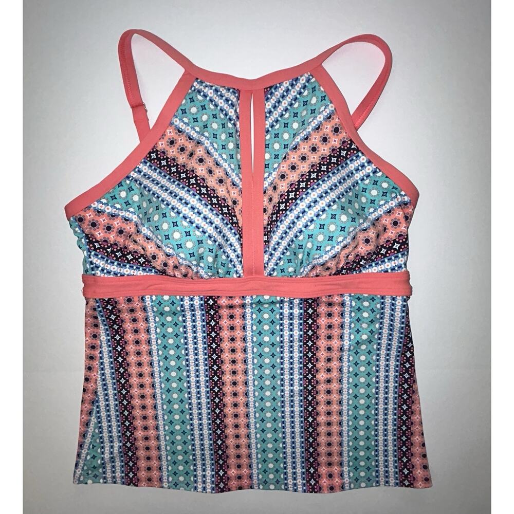 Lands’ End Women’s Keyhole Sunset Coral Dot Swimsuit Print Tankini Top Size 12